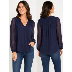 Old Navy Women's Medium Navy Blue Sheer Long Sleeve V Neck Blouse Flowy Top